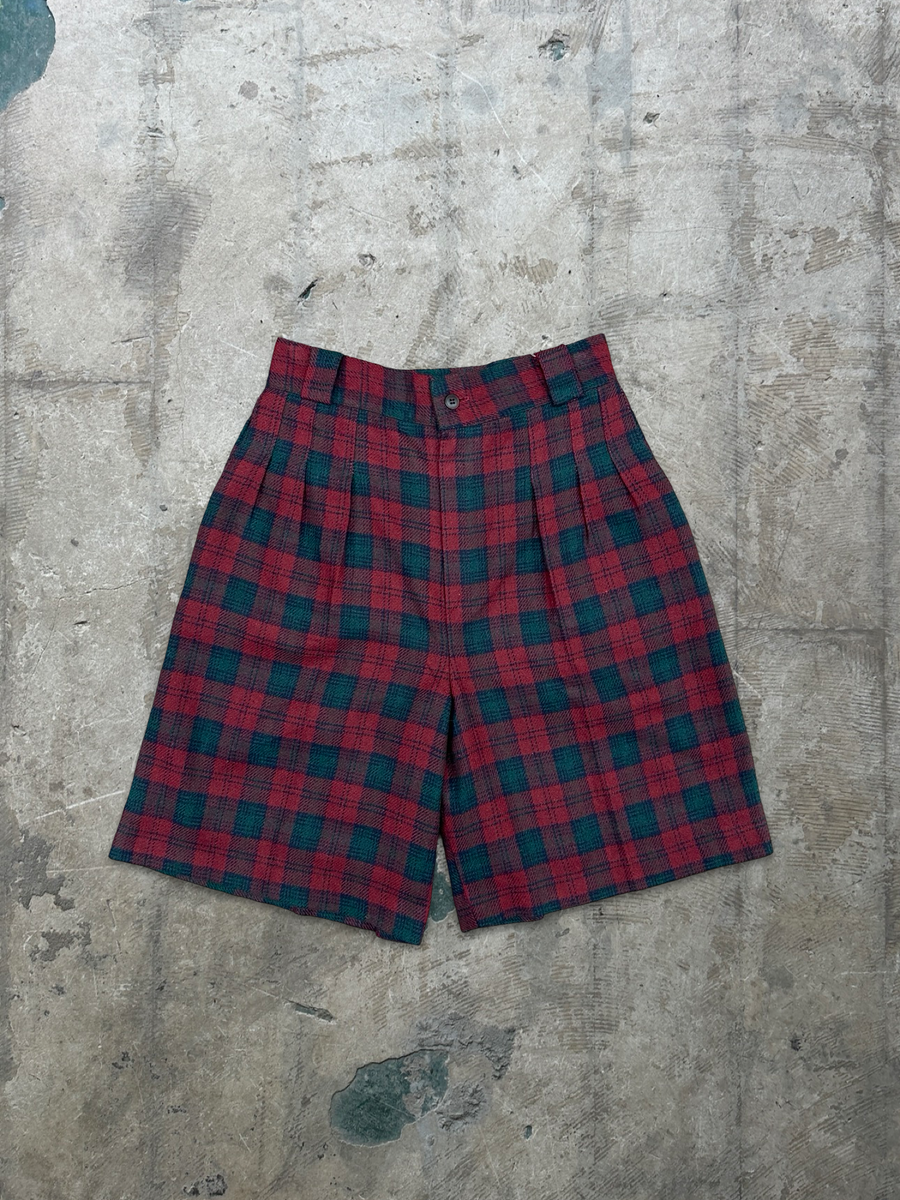 90s Vintage Red Tartan Wool Shorts - 10