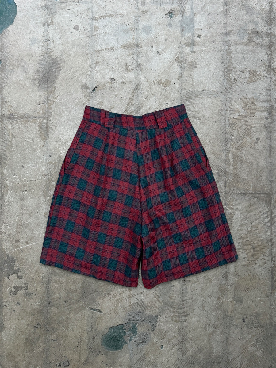 90s Vintage Red Tartan Wool Shorts - 10